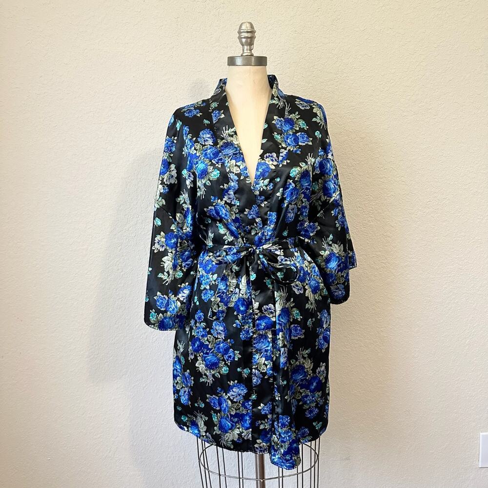 VTG VAL MODE Lingerie Robe Black Blue Floral Satin Kimono Wrap USA